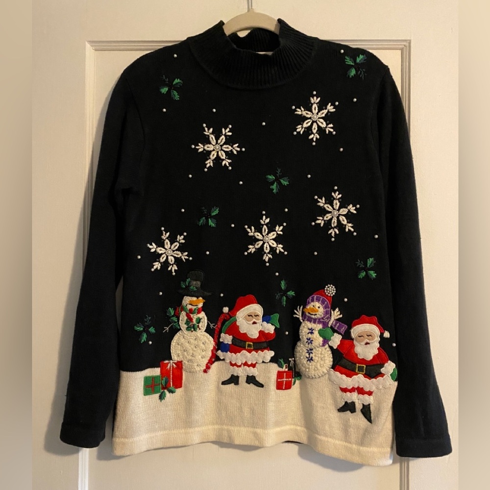 Vintage Basic Editions Ugly Christmas Beaded Santa Snowman Sweater Medium